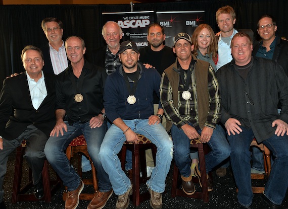 Pictured (Back row, L-R): peermusic's Kevin Lamb, Broken Bow Records' Benny Brown, producer Michael Knox, Warner-Tamerlane's Alicia Pruitt, BMG Chrysalis Kos Weaver, and Broken Bow Records' Jon Loba. (Front row, L-R): BMI's Jody Williams, co-writer Michael Dulaney, Jason Aldean, co-writer Neil Thrasher, and ASCAP's Mike Sistad. Not pictured: We Jam Writers Group's Darrell Franklin and Dann Huff. Photo credit: Rick Diamond