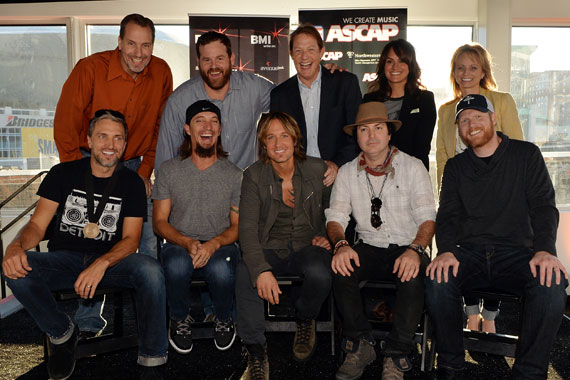 (Back Row, L-R:) Sony ATV Music Publishing's Tom Luteran, Capitol Nashville's Royce Risser, BMI's Clay Bradley, ASCAP's LeAnn Phelan, ASCAP's Kele Currier (Front Row, L-R): Co-writers Brett Warren, Brad Warren, Keith Urban, co-writer Kevin Rudolf, and producer Nathan Chapman. Photo: Rick Diamond