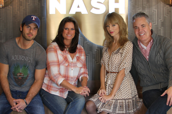 Taylor Swift was honored by New York's NASH FM 94.7's America's Morning Show as their first in-studio guest. The superstar lands at No. 1 this week on the MusicRow Chart with her title track Red. Pictured (L-R): Chuck Wicks (AMS co-host), Terri Clark (AMS co-host), Swift, Blair Garner (AMS host.)   