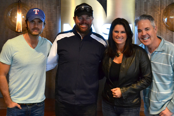 Toby Keith lands on deck this week with his latest Show Dog-Universal single, Shut Up and Hold On, after recently visiting with Blair Garner and the NASH FM America's Morning Show. Keiths new album Drinks After Work, became available this week. Pictured (L-R): Chuck Wicks, Keith, Terri Clark, Blair Garner