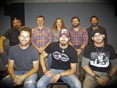 Pictured (L-R): Rich Egan (Hard 8 Mgmt), Brian Davis, Brantley GilbertBack: Steve Tusman (Davis' Mgr), Ben Vaughn (Warner/Chappell), Alicia Pruitt (Warner/Chappell), Blain Rhodes (Warner/Chappell), Arlis Albritton (Davis' Mgr).