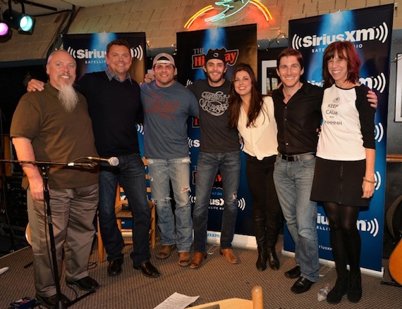 Pictured (L-R): SiriusXM Producer John Marks, SiriusXM The Highway host Storme Warren, Rhett Akins, Thomas Rhett, G Major Management PresidentVirginia Davis, Big Machine Label Group VP John Zarling and The Bluebird Caf  C.O.O./President Erika Wollam Nichols. Photo: Rick Diamond/Getty Images