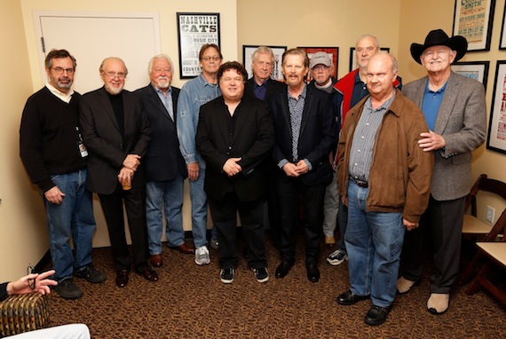 L-R: (front row) program host Bill Lloyd, Gayden and previous Nashville Cats honoree Pig Robbins; (back row) Vice President of Museum Programs Jay Orr, previous Nashville Cats honorees Norbert Putnam, Jimmy Capps, John Hobbs, Billy Sanford, Bergen White, David Briggs and Weldon Myrick