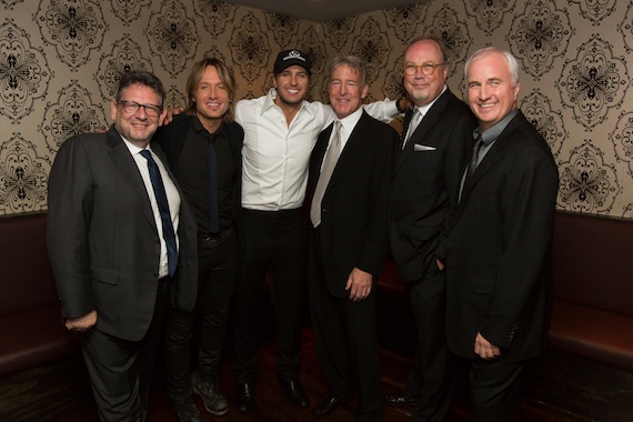 Universal Music Group Chairman and CEO Lucian Grainge, Keith Urban, Luke Bryan, Universal Music Group Distribution President and CEO Jim Urie, Universal Music Group Nashville Chairman and CEO Mike Dungan, Universal Music Group EVP and CFO Boyd Muir. PHOTO CREDIT: Chris Hollo