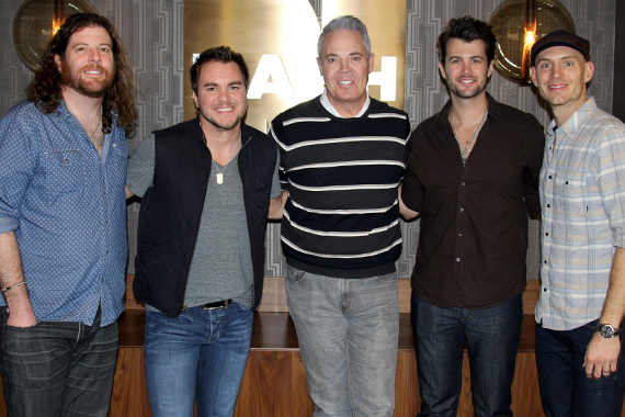 The Eli Young Band recently stopped by NASH-FM in Nashville to discuss their upcoming Republic Nashville album and celebrate the success of the gold-certified Drunk Last Night. Pictured (L-R): EYBs James Young, Mike Eli, Blair Garner, EYBs Chris Thompson and Jon Jones. Photo: Sarah Montgomery