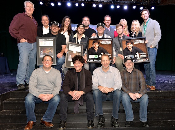 Pictured (Back row, L-R): The Valory Music Company's George Briner, BMIs Jody Williams, G Major Management's Virginia Davis, producer Michael Knox, This Musics Rusty Gaston, Big Machine Label Groups Allison Jones and Sandi Spika Borchetta, and ASCAPs Ryan Beuschel; (Middle row, L-R): co-writer Rhett Akins, Thomas Rhett, and co-writers Ben Hayslip and Jimmy Robbins; (Front row, L-R): Universal Music Publishings Kent Earls, Big Machine Label Groups Scott Borchetta, EMI Blackwood Music Publishings Tom Luteran, and Warner-Chappell Music Publishings Ben Vaughn. Photo credit: Rick Diamond