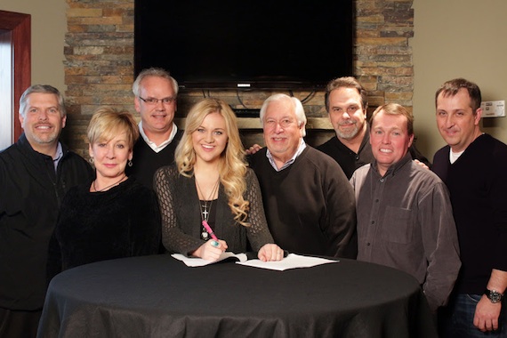 Pictured (L-R): Black River Entertainment CEO, Gordon Kerr; VP of Black River Publishing, Celia Froehlig;  Flood, Bumstead, McCready & McCarthy, Inc.s, Duane Clark;  Kelsea Ballerini; Milom Horsnell Crow Rose Kelley PLC.s Mike Milom;  Black Rivers VP of A&R Doug Johnson;  Black River Entertainment Attorney, Rush Hicks; and Black Rivers GM, Greg McCarn.