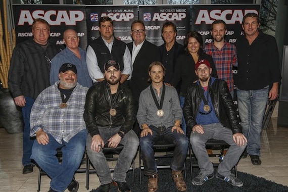 Pictured (L-R, front row): Songwriter Mark Irwin, Tyler Farr, and songwriters Josh Kear and Chris Tompkins, (L-R, back row): ASCAP's Mike Sistad, producers Julian King and Sony Music Nashville's Jim Catino, Sony Music Nashville's Gary Overton and Norbert Nix, Big Yellow Dog's Carla Wallace, Big Loud Shirt's Matt Turner and Red Vinyl Music's Eric Gallimore. Photo: Ed Rode.