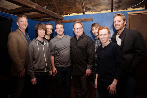 Pictured (L-R): Hill Entertainment Groups Greg Hill; Go Down Moses members Philip Haas, Robert Price, and Brandon Dockery; Sony Music Nashville Chairman & CEO Gary Overton; and the bands Casey Driscoll, Reid Huffman, and Barrett Jacques. Photo credit: Ivor Karabatkovic