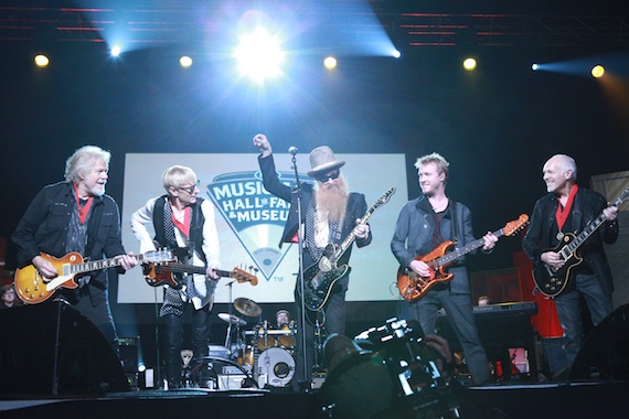 Pictured (L-R): 2014 Inductee Randy Bachman (Bachman Turner Overdrive/The Guess Who), 2014 Inductee Will Lee (Late Show w/ David Lettermans CBS Orchestra, The Fab Faux), ZZ Tops Billy Gibbons, Artist Kenny Wayne Shepherd, 2014  Inductee Peter Frampton closing out the 2014 Musicians Hall of Fame Awards Show at Nashvilles Historic Municipal Auditorium, January 28th in an all-star jam.