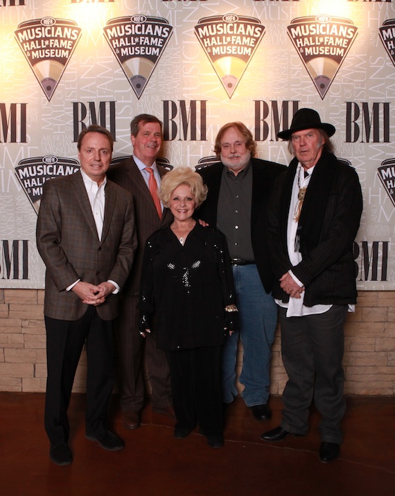 Pictured (L-R): Jody Williams (Vice President Writer/Publisher Relations at BMI), Honorable Nashville Mayor Karl Dean, Country legend and Rock n Roll Hall of Fame Inductee Brenda Lee, Musicians Hall of Fame Founder Joe Chambers, 2-time Rock n Roll Hall of Fame Inductee Neil Young take a moment to snap a shot during the Musicians Hall of Fame Induction and Medallion Ceremony on January 28.