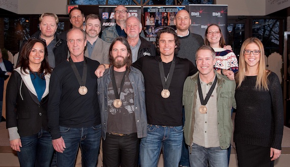 Pictured (Back row, L-R): Broken Bow Records Jon Loba and producer Derek George; (Middle row, L-R): producer Mickey Jack Cones, Warner-Tamerlane Music Publishings Ben Vaughn, Broken Bow Records Benny Brown, Triple 8 Managements George Couri, and Sony/ATV Music Publishings Abbey Adams; (Front row, L-R): ASCAPs LeAnn Phelan, co-writers Michael Dulaney and Paul Jenkins, Joe Nichols, co-writer Jason Sellers, and BMIs Penny Everhard. Photo credit: Steve Lowry  