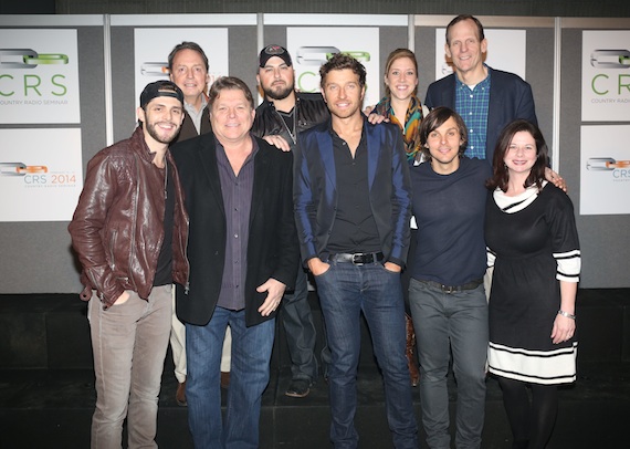 Pictured backstage (L-R, back row): BMIs Jody Williams, Tyler Farr, and BMIs Penny Everhard and Dan Spears; front row: Thomas Rhett, BMIs David Preston, Brett Eldredge, Charlie Worsham, and BMIs Jessica Frost. Photo by Shea Haliburton / (c) Country Radio Seminar