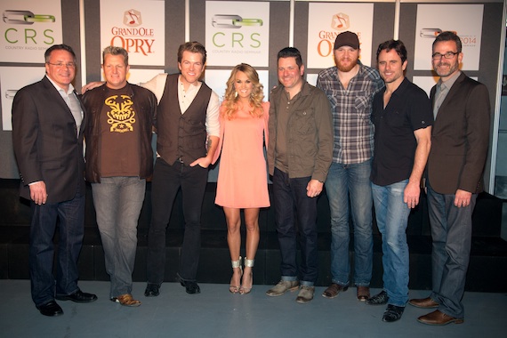 Pictured (L-R): Pete Fisher, VP/GM Grand Ole Opry; Gary LeVox, Joe Don Rooney, Carrie Underwood, Jay DeMarcus, Eric Paslay, Charles Esten, Steve Buchanan, President, Opry Entertainment Group 