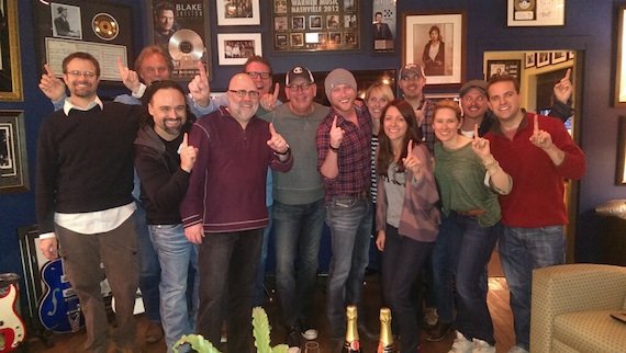 Pictured (L-R): WMNs Chad Schultz, Scott Hendricks, Lou Ramirez, Kevin Herring, Peter Strickland, John Esposito, Cole Swindell, Kristen Williams, Red Light Managements Jacob Knott, Red Light Managements Waylon Weatherholt, WMNs Cris Lacy, Justin Luffman, and Tyler Wall