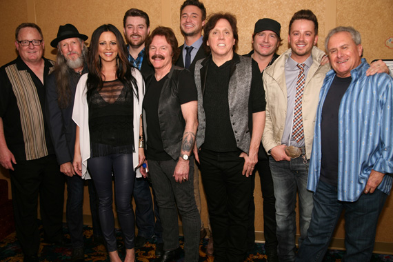 (L-R):  Sony Music Nashville Chairman & CEO Gary Overton, the Doobie Brothers Patrick Simmons, Sara Evans, Chris Young, Doobie Tom Johnston, Love and Thefts Eric Gunderson, Doobie John McFee, Jerrod Niemann, Love and Thefts Stephen Barker Liles, and Doobie Brothers Manager Bruce Cohen. Photo:  Larry Boothby