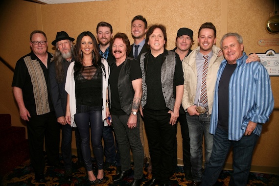 Pictured (l-r):  Sony Music Nashville Chairman & CEO Gary Overton, the Doobie Brothers Patrick Simmons, Sara Evans, Chris Young, Doobie Tom Johnston, Love and Thefts Eric Gunderson, Doobie John McFee, Jerrod Niemann, Love and Thefts Stephen Barker Liles, and Doobie Brothers manager Bruce Cohn. Photo credit:  Larry Boothby