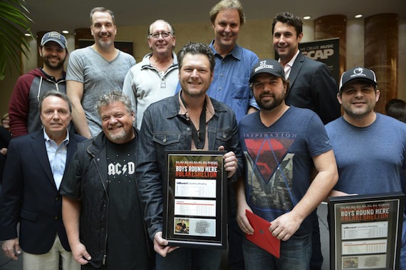 (TRADE_Boys Round Here)Pictured are (back row, l-r): Big Loud Publishings Matt Turner, Sony ATV Music Publishings Tom Luteran, Warner Music Nashvilles John Esposito, producer Scott Hendricks, and ASCAPs Michael Martin; (front row, l-r): BMIs Jody Williams, co-writer Craig Wiseman, Blake Shelton, and co-writers Dallas Davidson and Rhett Akins.