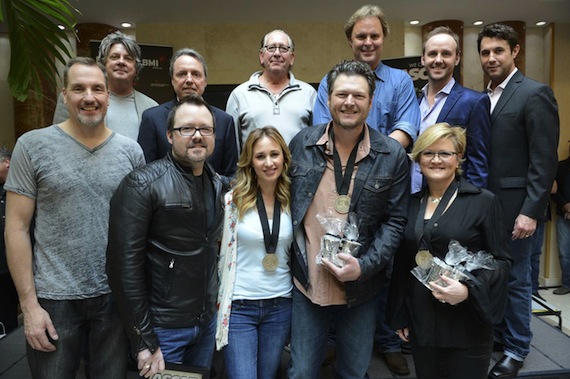 Pictured are (back row, l-r): Disney Musics Patrick Clifford, BMIs Jody Williams, Warner Music Nashvilles John Esposito, producer Scott Hendricks, This Musics Rusty Gaston, and ASCAPs Michael Martin; (front row, l-r): Sony ATV Music Publishings Tom Luteran, co-writers Deric Ruttan and Jessi Alexander, Blake Shelton, and co-writer Connie Harrington. Photo credit: Jason Davis