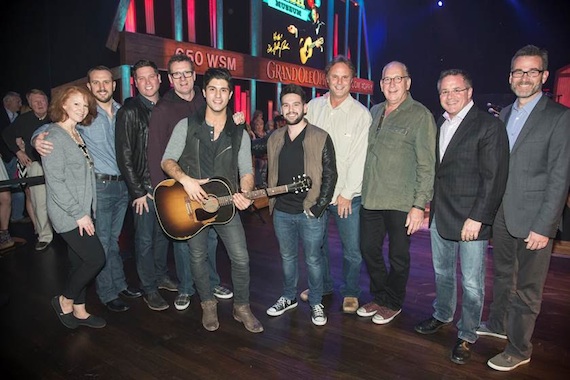 Pictured (L-R): Lisa Ray, Vice President Brand Management Warner Music Nashville; Todd Ramey, Sandbox Management; Jason Owen, Sandbox Management; Peter Strickland, Executive Vice President and General Manager Warner Music Nashville; Dan Smyers and Shay Mooney of Dan + Shay; Scott Hendricks, Senior Vice President A+R Warner Music Nashville;  John Esposito, President and CEO Warner Music Nashville; Pete Fisher, Vice President, General Manager Grand Ole Opry;  Steve Buchanan, President Opry Entertainment Group