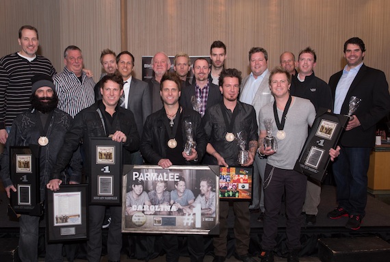 Pictured (back L-R): Sony/ATV Music Publishing's Tom Luteran, Broken Bow/Stoney Creek Records Carson James, producer Kurt Allison, Broken Bow/Stoney Creek Records Jon Loba and Benny Brown, producer Tully Kennedy, Gallo & Landers Musics Jim Landers, producer David Fanning, BMI's Bradley Collins, Buddy Lee Attractions Kevin Neal, Revelry Music Groups AJ Burton, Gallo & Landers Musics Greg Gallo; (front l-r) co-writer Richard Beato and Parmalee's Scott Thomas, Matt Thomas,  Josh McSwain and Barry Knox. Photo credit: Steve Lowry 