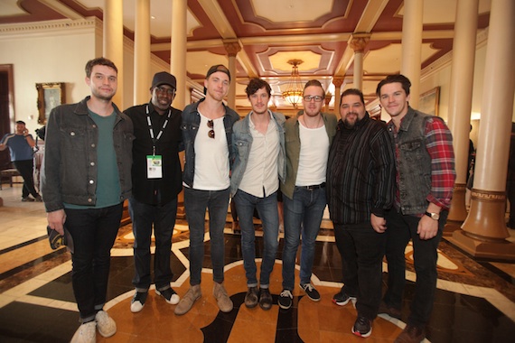 Pictured (L-R): John & Jacob (along with their band) hang with SESACs Trevor Gale (second from left) and Tim Fink (second from right). Photo: Cara Pastore 