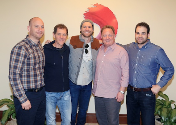 Pictured (L-R): Triple 8 Management's George Couri; Columbia Nashville VP Promotion Norbert Nix; Chase Rice; Sony Music Nashville Chairman & CEO Gary Overton; Triple 8 Managment's Bruce Kalmick.Photo Credit: Alan Poizne