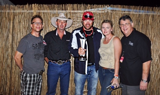 49th Academy of Country Music Awards trip winners are congratulated backstageat CMC Rocks the Hunter Festival . Photo (L-R): Tim Daley, CMC Group Program Manager; Glenn Tyrell (winner); Toby Keith; Bridgette Tyrell (winner); Bob Romeo, ACM CEO. Photo Courtesy of the Academy of Country Music 