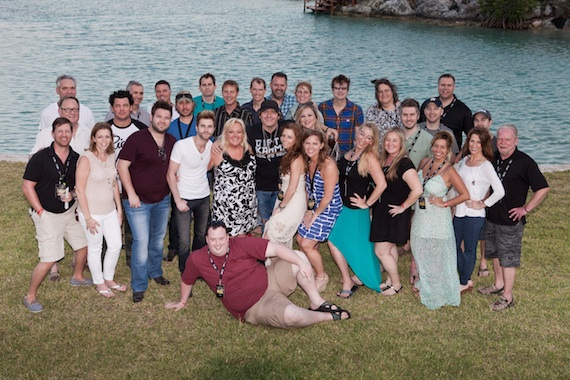 Front row (l-r):  Aristas Ryan Dokke; Sony Music Nashville Chairman/CEO Gary Overton; Aristas Jenny Shearin; Dee Jay Silver; Zach Swon and Colton Swon; Robin Rhodes (Premiere); Jerrod Niemann; Aristas Lauren Thomas, Ali OConnell, and Lesly Tyson; and Whitney Allen, Jackie Stevens, and Melissa Moldovan (The Big Time with Whitney Allen), and Aristas Jeri Cooper. Foreground:  B-Dub (KUPL).