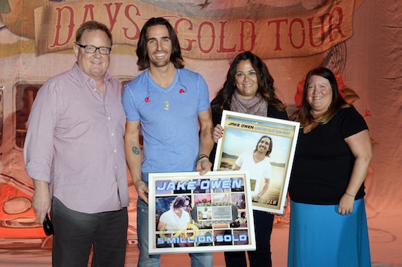 Pictured (L-R): Sony Music Nashville Chairman and CEO Gary Overton; Jake Owen; Sony Music Nashvilles VP, Sales Caryl Healey; and Director, Digital Sales Alaina Vehec. Photo Credit: Rick Diamond 