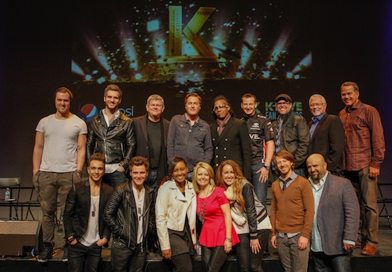 Pictured (L-R, Top): Chad Graham and Alan Powell of Anthem Lights, K-LOVE CCO David Pierce, Michael W. Smith, Michael Tait of Newsboys, NASCAR Driver Michael McDowell, Bart Millard of MercyMe, K-LOVE CEO Mike Novak, World Hope Founder & President Dr. David Janney. (Bottom): Joey Stamper and Caleb Grimm of Anthem Lights, Jamie Grace, Host Jennifer Vickery Smith, Britt Nicole, Mike Donehey of Tenth Avenue North, Executive Producer John Sanders. Photo Credit: Getty Images/Terry Wyatt