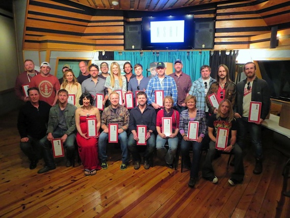 Front Row (L-R): NSAI Executive Director Bart Herbison, Ashley Gorley, Laura Veltz, Justin Weaver, NSAI President Lee Thomas Miller, Kim Wiggins, Connie Harrington, Ben Wells. Second Row (L-R): Josh Osborne, Rhett Akins, Paul Jenkins, Jessi Alexander, Michael Dulaney, Chris DeStafano, Deric Rutan, Nicolle Galyon, Brett James, Jimmy Robbins, Ben Hayslip, Jim Beavers, Chris Robertson, Jon Lawhon, John Fred Young 