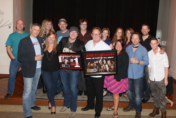 Photo 2 - Pictured front (L-R):  Fitzgerald Hartleys Steve Emley, Aristas Lesly Tyson, Niemann, Sony Music Nashville Chairman & CEO Gary Overton, Sonys Alaina Vehec, producer Jimmie Lee Sloas, and Sonys Rusty Sherrill. Pictured back (L-R):  Sony Music Nashvilles RG Jones; Aristas Ali OConnell, Andy Elliott, John Sigler, Jenny Shearin, Lauren Thomas, Jeri Cooper, and Ryan Dokke. Photo:  Alan Poizner