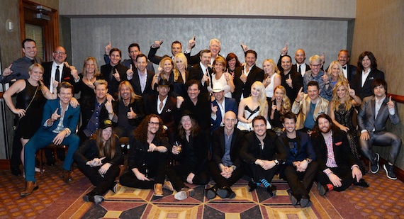 Pictured (L-R): First Row  THE CADILLAC THREEs Neil Mason, Kelby Ray, Jaren Johnston, ELI YOUNG BANDs Jon Jones, Mike Eli, Chris Thompson, James Young; Second Row  BMLGs NIKKI BURNS, RASCAL FLATTS Joe Don Rooney, Gary LeVox, MOTLEY CRUEs Vince Neil, TIM McGRAW, BMLGs SCOTT BORCHETTA, ACM New Artist of the Year JUSTIN MOORE, RAELYNN, DANIELLE BRADBERY, RASCAL FLATTS Jay DeMarcus, ACM Vocal Group of the Year THE BAND PERRYs Kimberly Perry, Neil Perry; Third Row  BMLGs JAKE BASDEN, JACK PURCELL, MANDY McCORMACK, JOHN ZARLING, MATTHEW HARGIS, AMY STALEY, SANDI SPIKA BORCHETTA, ANDREW KAUTZ, KELLY RICH, LOIS WHITE, CHRIS STACEY, JACKIE CAMPBELL, MIKE MOLINAR, ALEX HEDDLE, JIMMY HARNEN, ALLISON JONES, RAY PRONTO, ACM Vocal Group of the Year THE BAND PERRYs Reid Perry