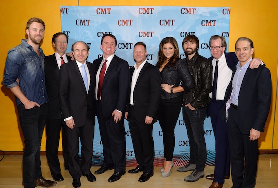 Pictured from L-R: Charles Kelley (Lady Antebellum); Jeff Lucas, Viacom Media Networks head of sales, music & entertainment, advertising sales & marketing; Philippe Dauman, Viacom president and CEO; Brian Phillips; Jayson Dinsmore, CMT EVP, development; Hillary Scott (Lady Antebellum); Dave Haywood (Lady Antebellum); Tom Dooley, Viacom COO; Van Toffler, Viacom Media Networks & Logo Group president. Photo Credit: Getty Images for CMT 