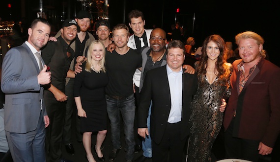 Pictured: ACM presenter David Nail, ACM co-host Luke Bryan, Eric Paslay, UMG Nashville Sr. VP, Marketing Cindy Mabe, ACM nominee and performer Kip Moore, ACM performer Dierks Bentley, Jon Pardi, ACM nominee and performer Darius Rucker, UMG Nashville SVP/COO Tom Becci, Kelleigh Bannen and ACM nominee Little Big Town's Phillip Sweet