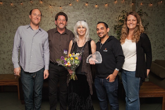 Pictured (L-R): Greg Siegel, Sr. VP, Live Nation; Rick Merrill, general manager, Wiltern Theatre;  Emmylou Harris; Marc Peralta, executive director, Best Friends  Los Angeles; and Amy Wolf, celebrity and entertainment relations manager, Best Friends Animal Society.