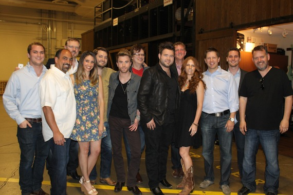  Celebrating backstage following the duo’s Opry debut (l-r):  Hill Entertainment Group’s Josh Hunter; Sony Music Nashville’s Paul Barnabee, Allen Brown, Sarah Westbrook, and Nick Barnes; Colton Swon; Arista Nashville’s John Sigler; Zach Swon; Hill Entertainment Group’s Greg Hill; Arista’s Lauren Thomas and Ryan Dokke; Hill Entertainment Group’s Scott Whitley; and Arista’s Andy Elliott.