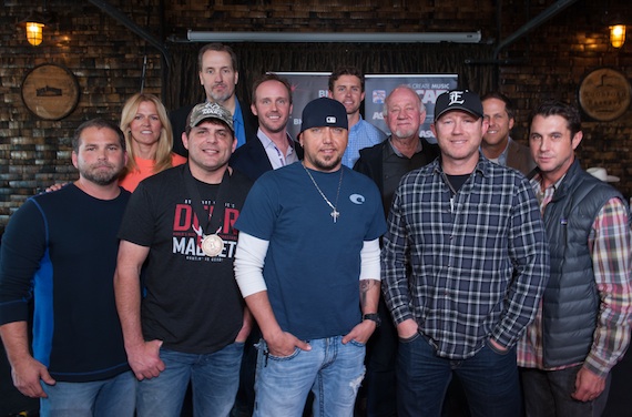 Pictured, Back Row (L-R): BMIs Leslie Roberts, Sony ATV Music Publishings Tom Luteran, This Musics Rusty Gaston, ASCAPs Ryan Beuschel, and Broken Bow Records Benny Brown and Jon Loba. Front Row, L-R: producer Michael Knox, co-writer Rhett Akins, Jason Aldean, co-writer Ben Hayslip, and ASCAPs Michael Martin. Photo: Steve Lowry  