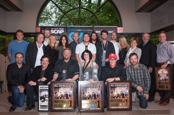 Pictured are (Front, L-R): Big Machine Music Publishing's Mike Molinar, Big Machine Label Group President & CEO Scott Borchetta, "Drunk Last Night" songwriters Josh Osborne and Laura Veltz, and Republic Nashville's Jimmy Harnen and Matthew Hargis. (Back, L-R): Producers Frank Liddell and Justin Niebank, Warner/Chappell's BJ Hill, BMI's Leslie Roberts, ASCAP's LeAnn Phelan, Eli Young Band, manager George Couri, Big Machine Label Group's Allison Jones, Black River Publishing's Celia Froehlig and Gordon Kerr, and BMI's Jody Williams. Photo credit: Steve Lowry