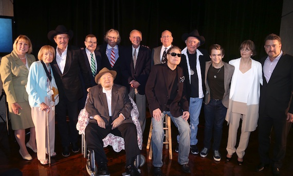 Pictured (Front, L-R): Mac Wiseman and Ronnie Milsap. (Back, L-R): Sarah Trahern, CMA CEO; Jo Walker-Meador, former CMA Executive Director; Kix Brooks, CMA Board member; Ed Hardy, CMA Board Chairman; Kyle Young, Country Music Hall of Fame and Museum Director and CEO; Frank Bumstead, Chairman of Flood, Bumstead, McCready & McCarthy, Inc. and CMA Board President; John Esposito, President and CEO of Warner Music Nashville and CMA Board President Elect; Bobby Bare, Country Music Hall of Fame member; Hunter Hayes; Suzi Cochran, widow of "Songwriter" inductee Hank Cochran; Rob Beckham, Co-President of William Morris Endeavor Entertainment Nashville and CMA Board member and Chairman of the Awards and Recognition Committee.Photo: Alan Poizner / CMA