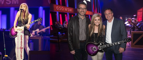 (L): Ell performs at the Grand Ole Opry; (R): Ell with Grand Ole Opry's Steve Buchanan and Pete Fisher.