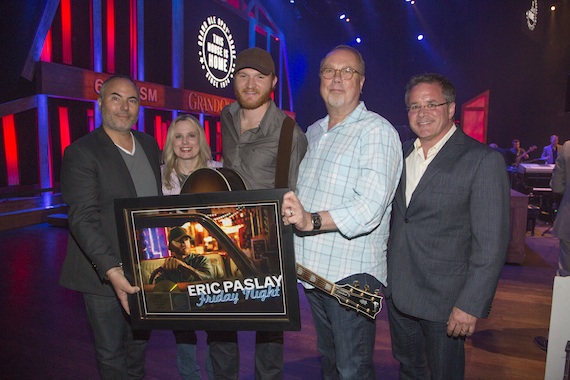 Pictured (L-R): Marshall Altman (producer of Paslays self-titled album), Cindy Mabe (UMGN SVP, Marketing), Paslay, Mike Dungan (UMG, Chairman & CEO), Pete Fisher (General Manager, Grand Ole Opry). Photo: Chris Hollo, 2014 Copyright Grand Ole Opry