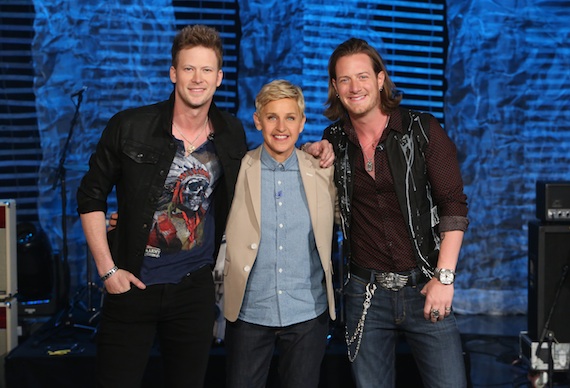 Pictured (L-R): FGL's Brian Kelley, Ellen and FGL's Tyler Hubbard.