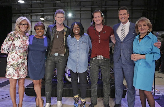 Pictured L-R: The Views Jenny McCarthy, Sherri Shepherd, FGLs Brian Kelley, The Views Whoopi Goldberg, FGLs Tyler Hubbard, guest host MSNBCs Thomas Roberts and The Views Barbara WaltersPhoto Credit: Heidi Gutman/ABC