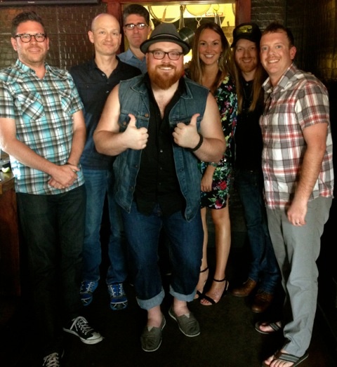 Pictured (L-R) Aaron Kinssies (Dennis Ent.), Greg Beeckman (Revelry), John Strohm (Loeb & Loeb), Austin Jenckes, Evyn Mustoe (ASCAP), Neil Mason (Lake Gloria Music)and AJ Burton (Nettwerk/Revelry).