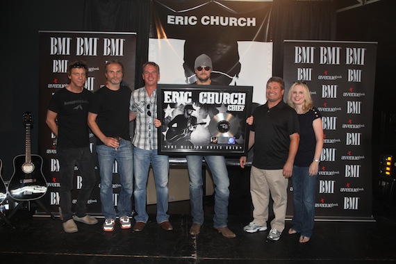 Celebrating the platinum certification of Eric Church's project Chief. Pictured (L-R): Producer, Jay Joyce; Q Primes John Peets; Capitol Nashvilles Steve Hodges; Eric Church; Capitol Nashvilles Tom Becci, Capitol Nashvilles Cindy Mabe. Photo: Alan Poizner 