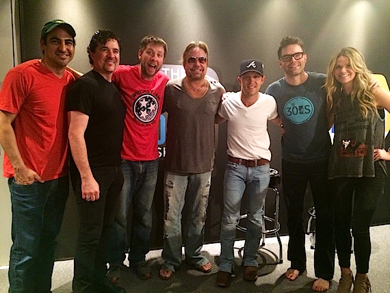 Pictured (L-R): The Bobby Bones Show's Eddie, Scott Borchetta,The Bobby Bones Show's Lunchbox, Vince Neil, Justin Moore, and The Bobby Bones Show's Amy