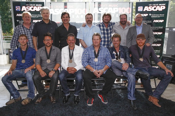 Pictured (l-r, front row): ASCAP co-writers Ashley Gorley and Chris DeStefano; Rascal Flatts' Joe Don Rooney, Gary LeVox and Jay DeMarcus; and co-writer Eric Paslay. (l-r, back row): ASCAP's Mike Sistad; Cal IV Entertainment's Daniel Hill; Big Machine Label Group President & CEO Scott Borchetta; Warner/Chappell Music Publishing's Ben Vaughn; Combustion Music's Chris Van Belkom; Sony/ATV Music Publishing's Josh Van Valkenburg; and Big Machine Records' Jack Purcell. Photo: Ed Rode.