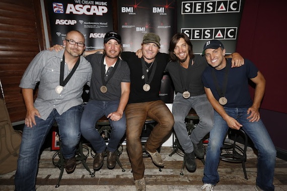 Pictured (L-R): Co-writers Derek George and Lance Miller, Jerrod Niemann, and co-writers Brad Warren and Brett Warren. Photo: Ed Rode. 